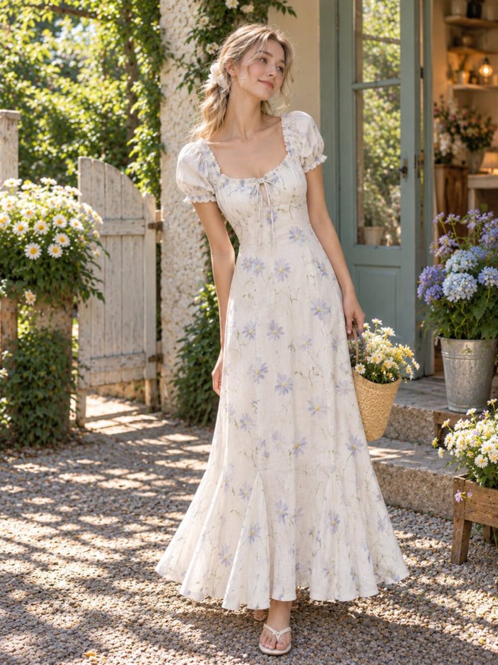 Jacquie The Label Nini White Blue Floral Puff Sleeve Maxi Dress Cottagecore